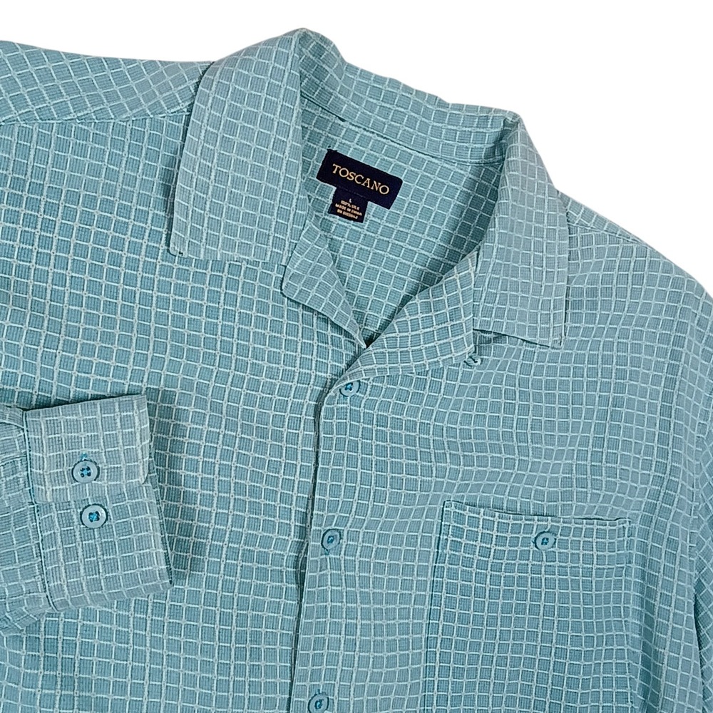 Toscano‎ Grid Pattern 100% Silk Shirt Mens Camp Collar Button Up Blue